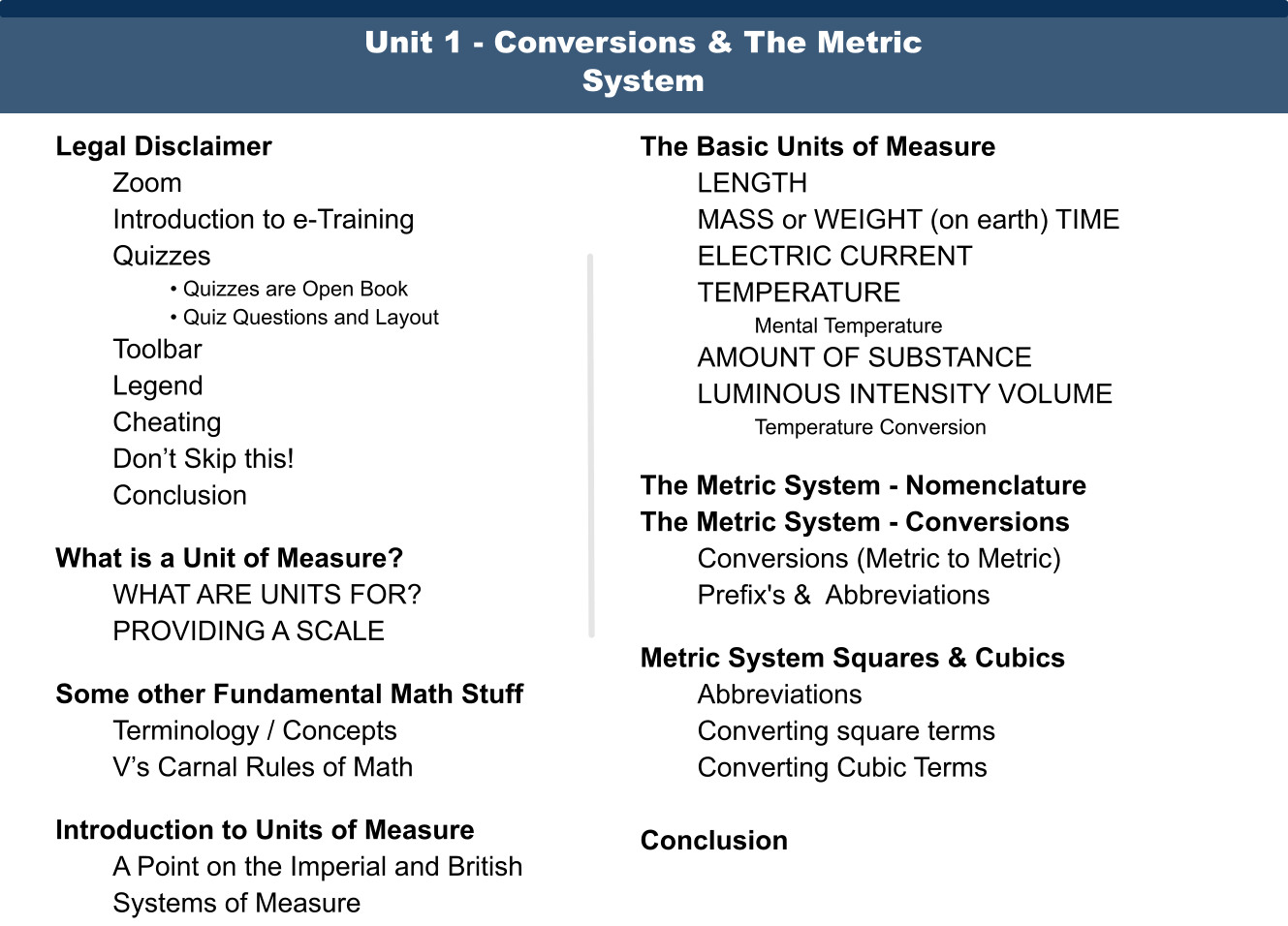 UNIT 1 - Table of Contents
